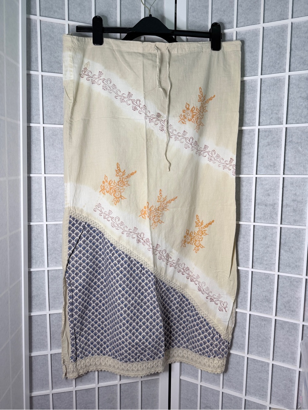 Boho Cream Maxi Skirt with Orange Floral & Blue Geometric Panel